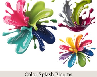 Flores con salpicaduras de color, 71 flores coloridas con salpicaduras de tinta, imágenes prediseñadas florales vibrantes, flores acrílicas con salpicaduras, gráficos florales abstractos PNG