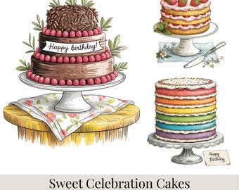 Paquete de imágenes prediseñadas de 34 pasteles de celebración, pastel de cumpleaños PNG, imágenes prediseñadas de pasteles de fiesta originales, imágenes prediseñadas de postres, uso comercial.