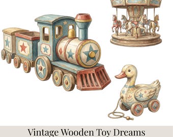 Paquete de imágenes prediseñadas de juguetes de madera vintage: 42 imágenes PNG de juguetes, juguetes antiguos, tren, caballito mecedora, conjunto nostálgico.