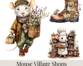 Imágenes prediseñadas de tiendas de pueblo de ratones, personaje de ratón en acuarela PNG, casa rústica en miniatura, profesiones de ratoncitos, paquete para diario creativo