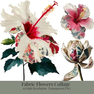 May include: A collage of fabric flowers in white, pink, and red, with green leaves. The flowers have a textured appearance and are set against a white background. The text "Fabric Flowers Collage" and "16 High Resolution Transparent PNG" is at the bottom.