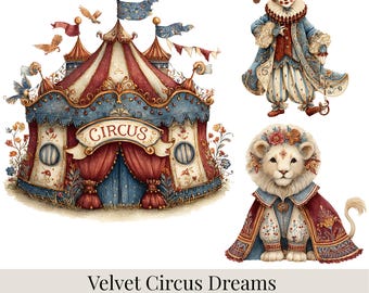 Paquete de imágenes prediseñadas Velvet Circus Dreams, 26 imágenes prediseñadas de circo vintage, elementos de circo elegantes, escenario de circo caprichoso PNG, gráficos de circo antiguos