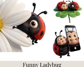64 imágenes prediseñadas divertidas de mariquitas, imágenes PNG de insectos en 3D para la vida diaria, paquete de descarga digital