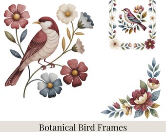 Imágenes prediseñadas de marcos de jardín caprichosos: 42 marcos florales con pájaros en formato PNG, bordes botánicos, flores vintage, elegante conjunto de marcos.