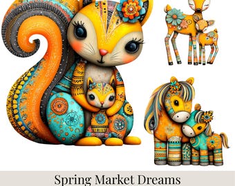 Paquete de imágenes prediseñadas de Mamá y Bebé con un toque de fantasía: 54 imágenes PNG de animales, animales madre y bebé, arte para guardería, imágenes prediseñadas coloridas.