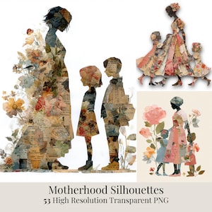 Może przedstawiać: Sylwetki macierzyństwa w stylu kolażu, przedstawiające postacie matek i dzieci. Postacie wypełnione są kwiatowymi i vintage papierowymi teksturami. Obraz zawiera tekst "Motherhood Silhouettes" i "53 High Resolution Transparent PNG".