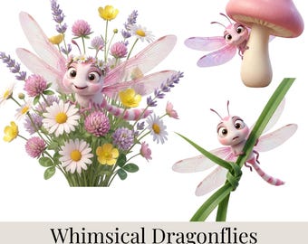 48 imágenes prediseñadas de libélulas con un toque de fantasía, ilustraciones de insectos en 3D, paquete digital PNG.