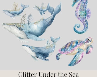 Imágenes prediseñadas de purpurina bajo el mar, 68 animales marinos, lentejuelas iridiscentes de acuarela, paquete PNG