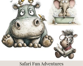 Paquete de imágenes prediseñadas de aventuras de safari: 43 imágenes PNG de animales divertidos, escenas de la jungla, conjunto de imágenes prediseñadas de animales caprichosos.