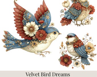 Paquete de imágenes prediseñadas Velvet Bird Dreams: 20 aves caprichosas en formato PNG, animales con plumas de estilo vintage, imágenes prediseñadas de naturaleza elegantes.