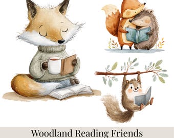 37 imágenes prediseñadas de Amigos del Bosque leyendo, Animales del bosque leyendo libros, Imágenes prediseñadas de animales caprichosos, Animales de la hora del cuento PNG, Imágenes prediseñadas para guardería