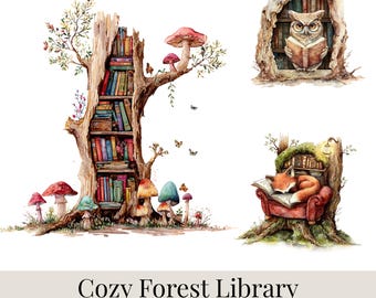 Paquete de 60 imágenes prediseñadas de biblioteca forestal, animales del bosque en acuarela leyendo, estantería rústica PNG, decoración acogedora para el jardín.