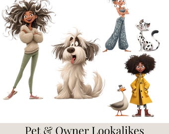 Paquete de imágenes prediseñadas de mascotas y sus dueños parecidos: 69 imágenes PNG de humanos y animales a juego, divertidas parejas de mascotas, personajes extravagantes, uso comercial.