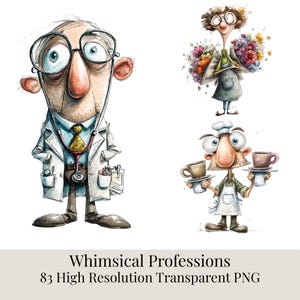 Puede incluir: Ilustraciones en acuarela de profesiones caprichosas. Un médico con estetoscopio, un florista con flores y un camarero con tazas de café. El texto dice "Whimsical Professions 83 High Resolution Transparent PNG."