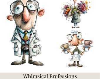 Paquete de imágenes prediseñadas de profesiones divertidas: personajes de trabajos graciosos en formato PNG, profesor, médico, chef, imágenes prediseñadas de personas en acuarela.