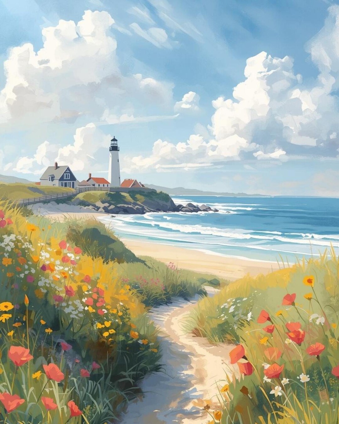 Spring Coastal Landscape Print, Lighthouse Wildflower Beach Art ...