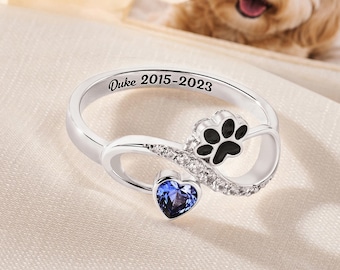 Personalized Minimalist Infinity Ring with Paw Print Heart Custom Birthstone Inner Engraved Custom Text  Anniversary Gift for Pet Lovers