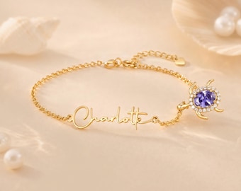 Personalized Dainty Sea Turtle Anklet with Custom Birthstone Engraved Name Adjustable Beach JewelryCoastal Accessory Birthday Gift for Women
