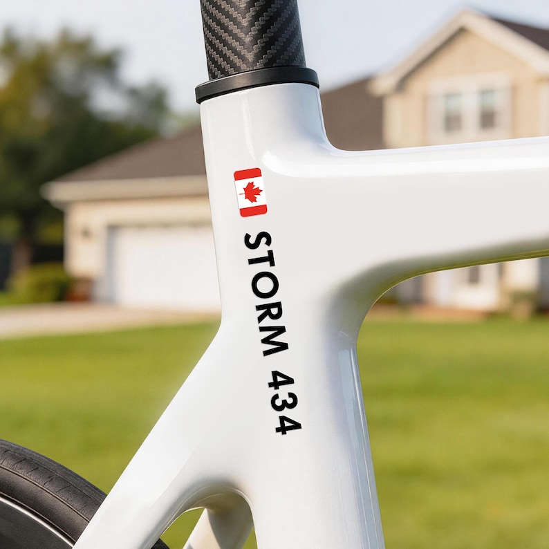 May include: White bicycle frame with the text "STORM 434" in black. A small Canadian flag is displayed next to the text. The frame is set against a blurred background of a house and green grass.