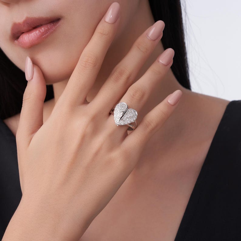Personalized Dainty Heart Shaped Angel Wings Photo Ring with Custom Engraved Text, Anniversary Christmas Birthday Gift for Mom Wife Women image 6
