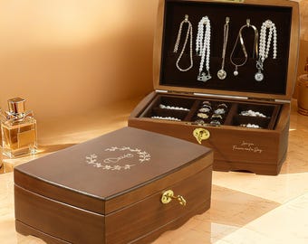 Personalized Multi-compartment Retro Flower Engraved Wooden Jewelry Box with Name Initial & Lock Custom Case Birthday Wedding Gift for Women