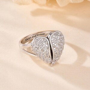 Personalized Dainty Heart Shaped Angel Wings Photo Ring with Custom Engraved Text, Anniversary Christmas Birthday Gift for Mom Wife Women image 4