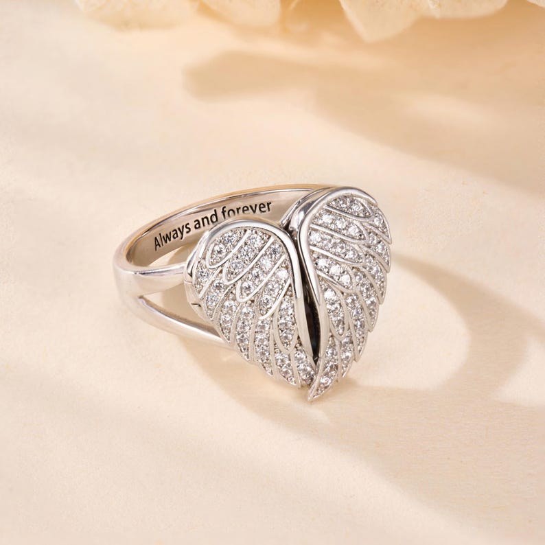Personalized Dainty Heart Shaped Angel Wings Photo Ring with Custom Engraved Text, Anniversary Christmas Birthday Gift for Mom Wife Women image 4
