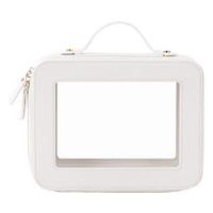May include: White rectangular cosmetic bag with a clear window. The bag has a top handle, a zipper closure, and gold-colored hardware. The bag is made of a smooth, solid white material.