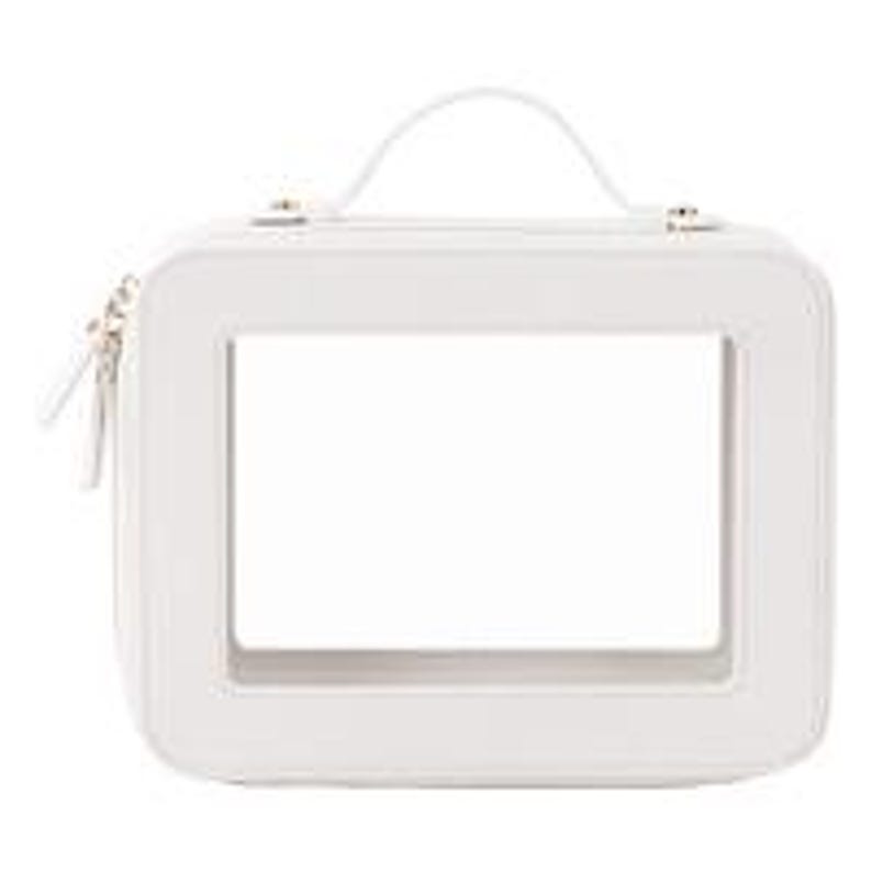 May include: White rectangular cosmetic bag with a clear window. The bag has a top handle, a zipper closure, and gold-colored hardware. The bag is made of a smooth, solid white material.