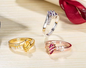 Personalized Graduation Birthstone Ring with Engraved Text Zircons, Custom Class Ring, High School College Graduation Gift for Graduates