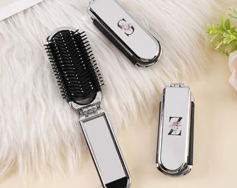 Personalized Stylish Floral Portable 2-In-1 Foldable Makeup Mirror Hair Brush with Custom Initial Mother's Day Birthday Gift for Women