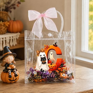 Personalized Halloween Theme Transparent Bag with Name Initial Trick Treat Clear Tote Bag Daily Travel Pouch Halloween Gift for Boys Girls