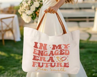 Personalized Engaged Era Canvas Tote Bag with Heart & Ring Design