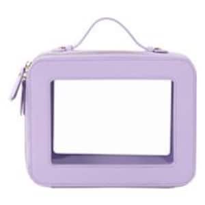 May include: A lavender-colored, rectangular makeup bag with a clear window. The bag has a top handle, a zipper closure, and a minimalist design. The bag is approximately 8 inches wide, 6 inches tall, and 4 inches deep.