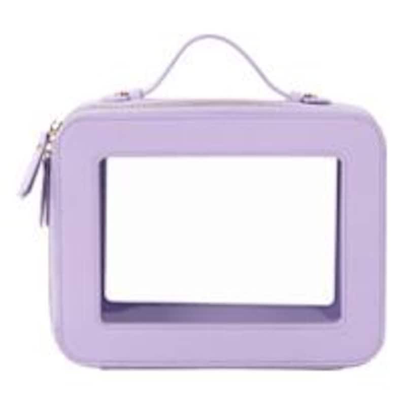 May include: A lavender-colored, rectangular makeup bag with a clear window. The bag has a top handle, a zipper closure, and a minimalist design. The bag is approximately 8 inches wide, 6 inches tall, and 4 inches deep.