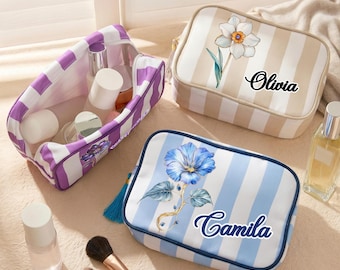 Personalized Birth Flower Striped Canvas Makeup Bag with Tassel & Custom Name, Portable Cosmetic Pouch Mother's Day Birthday Gift for Woman