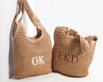 Personalized Embroidered Initial Raffia Tote Bag Custom Monogram Straw Bag Reusable Beach Travel Accessory Bridal Party Mother's Day Gift
