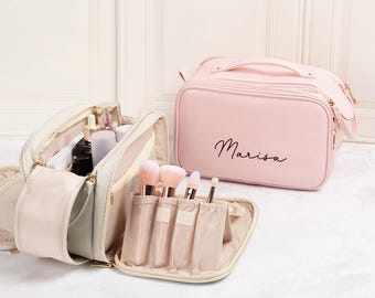 Personalized Name Large Leather Makeup Bag with Multi Compartments & Built-in Brush Holder, Portable Travel Cosmetic Organizer Birthday Gift