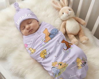 Personalized Classic Winnie the Pooh 100% Cotton Swaddle And Hat Set, Custom Name Soft Newborn Blanket Set, Baby Shower Gift For Infant Baby