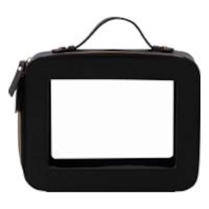 May include: Black rectangular cosmetic bag with a clear window and a small handle. The bag has a zipper closure and a minimalist design. The bag is made of a smooth material.