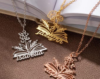 Personalized Birth Flower Book Necklace with Custom Name, Book Lover Jewelry, Back to School Birthday Mother's Day Gift for Women Readers