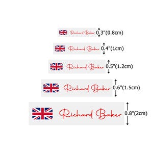 May include: White rectangular labels with the Union Jack flag and the name "Richard Baker" in red script. The labels vary in size, with measurements ranging from 0.3 inches (0.8cm) to 0.8 inches (2cm) in height.