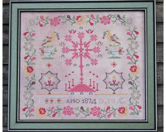 Pretty in Pink Cross Stitch PDF Pattern | Antique 1874 Reproduction Sampler | Floral Bird Sampler | Heirloom Needlework Design | PDF Chart