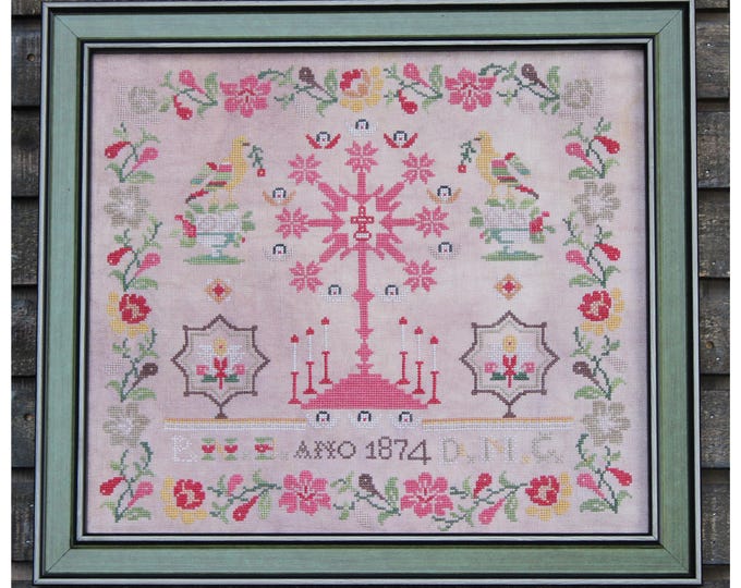 Pretty in Pink Cross Stitch PDF Pattern | Antique 1874 Reproduction Sampler | Floral Bird Sampler | Heirloom Needlework Design | PDF Chart
