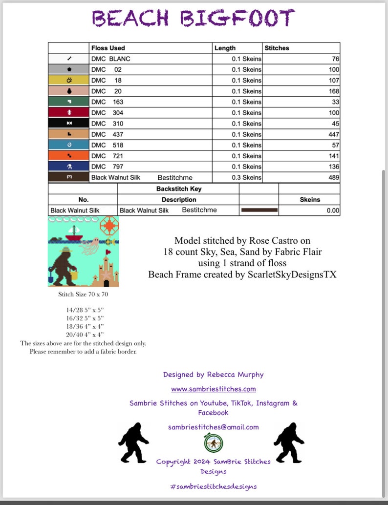 May include: Cross stitch pattern for a beach scene with a Bigfoot holding a beach umbrella and a sandcastle. The pattern includes a color chart with DMC floss numbers and the number of skeins needed for each color. The pattern is designed for 18 count Aida cloth and uses one strand of floss. The pattern is 70 stitches wide by 70 stitches high.