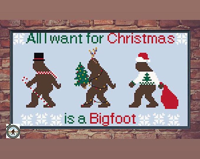All I Want for Christmas PDF Chart | Bigfoot Christmas Cross Stitch Pattern • Holiday Cross Stitch Chart • Instant Digital Download