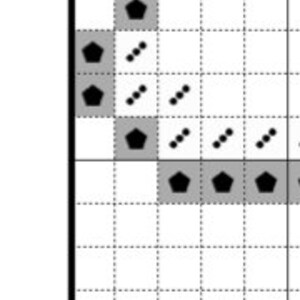 May include: A black and white grid with black dots and gray stars. The grid is divided into squares with a black border. The dots are arranged in diagonal lines. The stars are arranged in a horizontal line.