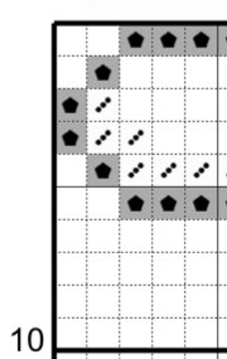 May include: A black and white grid with black dots and gray stars. The grid is divided into squares with a black border. The dots are arranged in diagonal lines. The stars are arranged in a horizontal line.