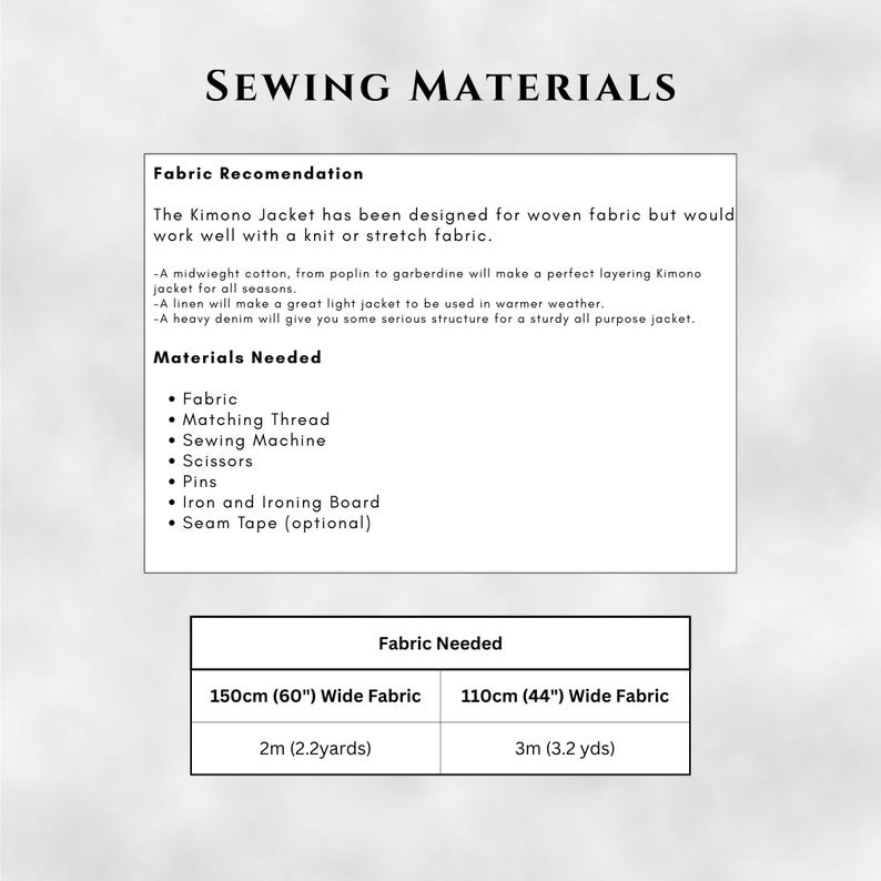 May include: A white graphic with the text "SEWING MATERIALS" at the top. Below, it lists fabric recommendations for a Kimono Jacket, including cotton, linen, and denim. It also lists the materials needed, such as fabric, thread, scissors, and pins. The bottom section shows fabric needed in 60" and 44" widths.