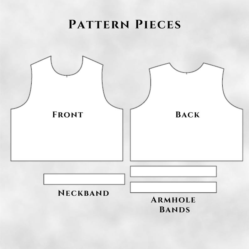 May include: A diagram of pattern pieces for sewing a garment. The image shows the front and back pieces, neckband, and armhole bands. The text "PATTERN PIECES" is at the top.